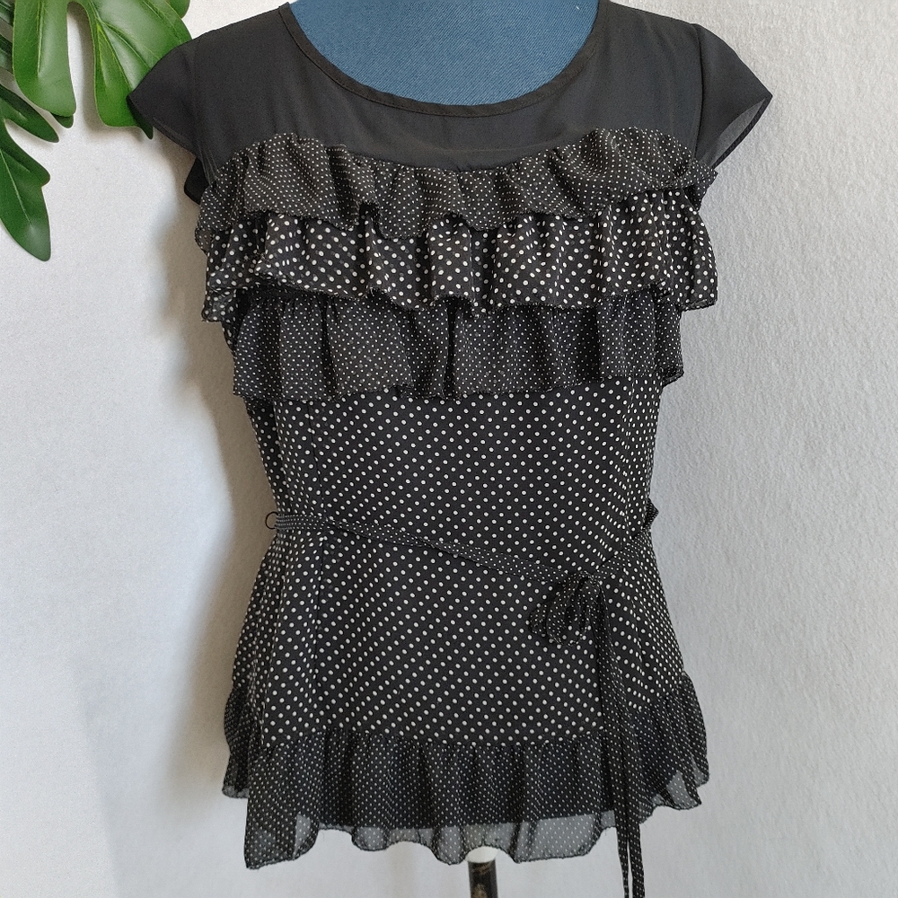LC Lauren Conrad Black Polka Dot Sheer Blouse Top